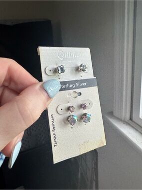 Sterling Silver Iridescent Crystal Stud Earring Set - Multi-Color
